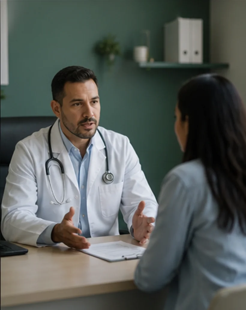 Doctor conversando con una paciente en una clinica privada